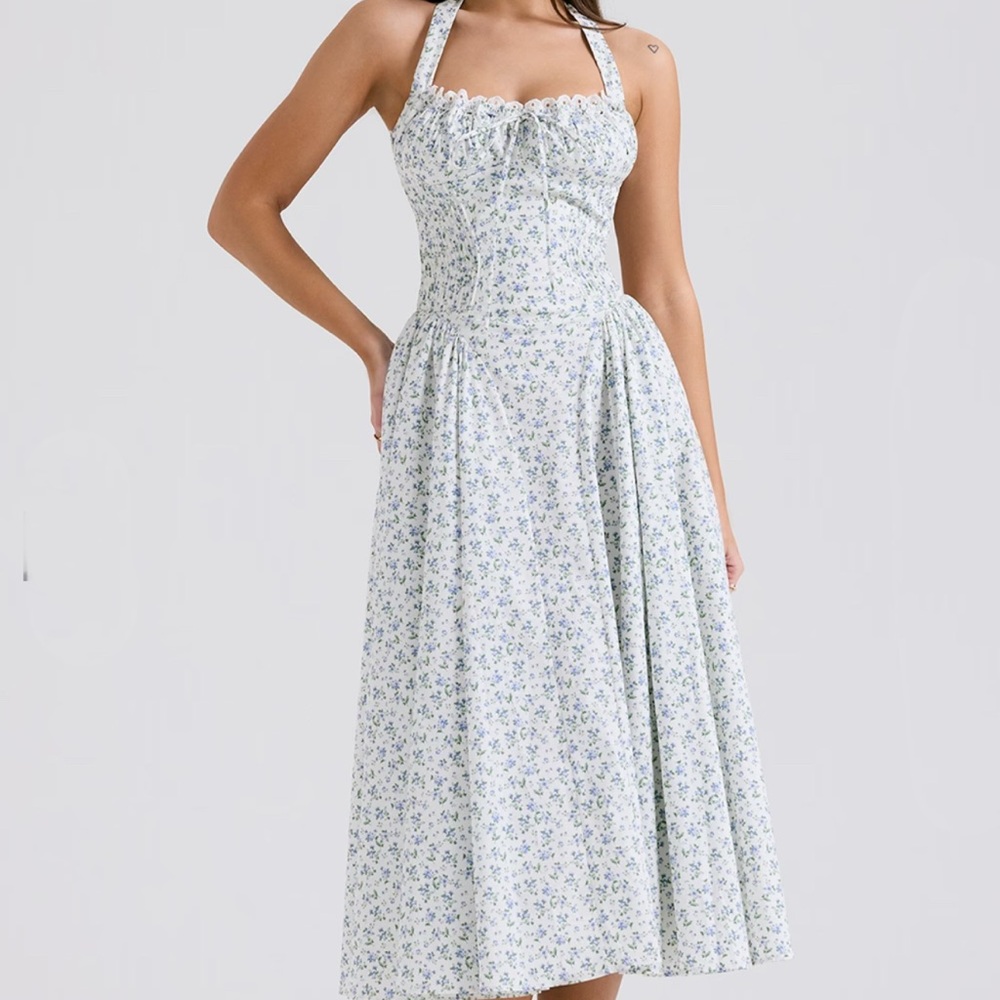 WHITE BLUEBELL PRINT COTTON HALTER SUNDRESS